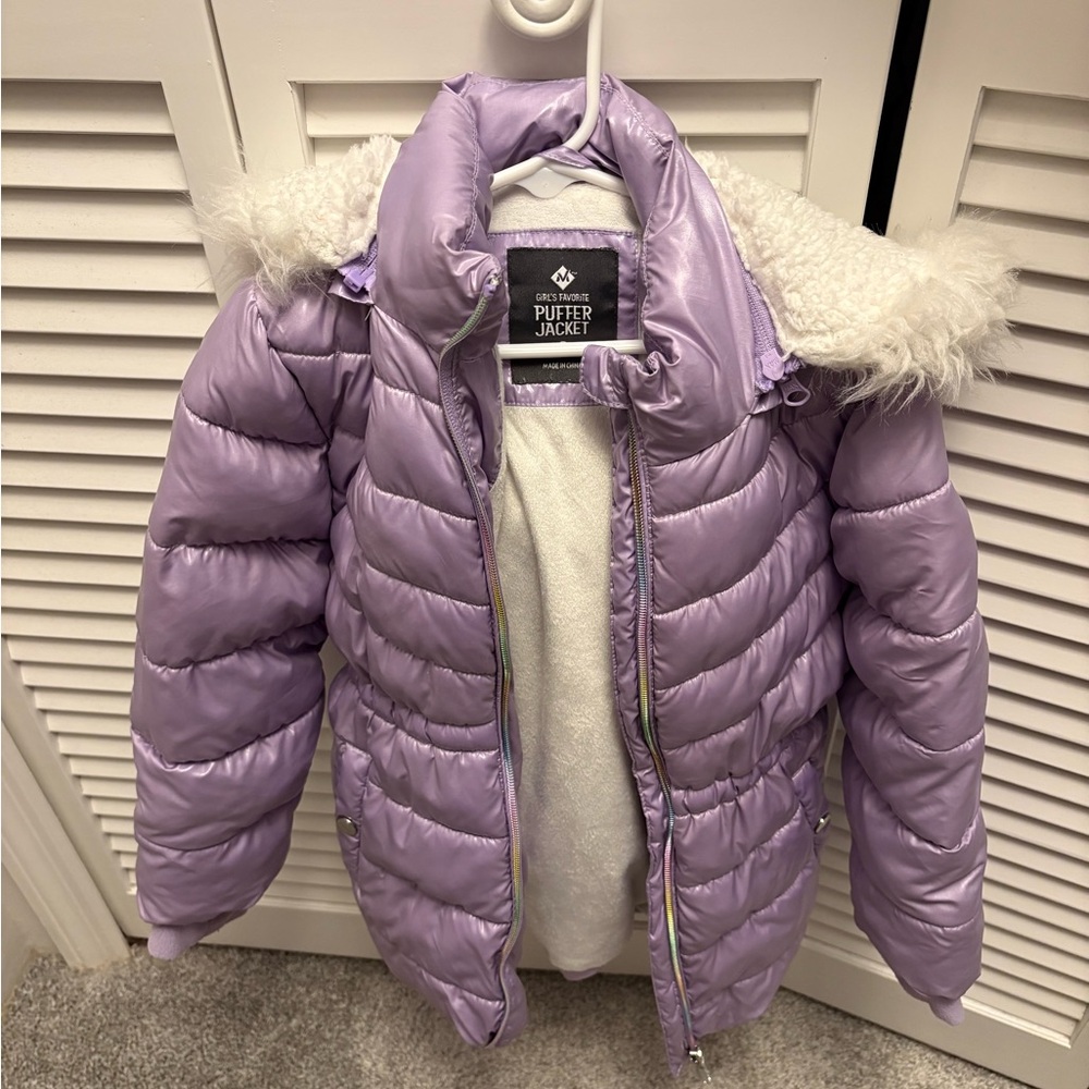 Girls Purple Puffer Jacket for Kids White Faux Fur Hoodie Weatherproof Cold Gear